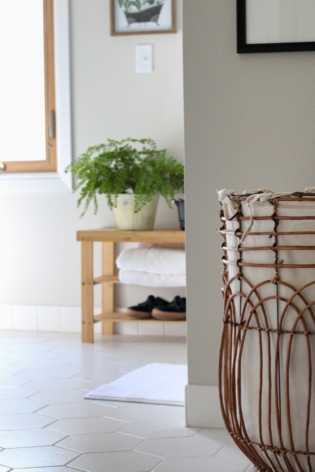 A large laundry hamper in this bathroom is essential. No more towels on the floor in the bathroom!