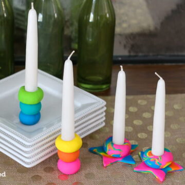 Learn how to make polymer clay candle holders in beautiful rainbow colors. This post shows you two types of polymer clay candle holders you can make with Sculpey III oven bake clay.