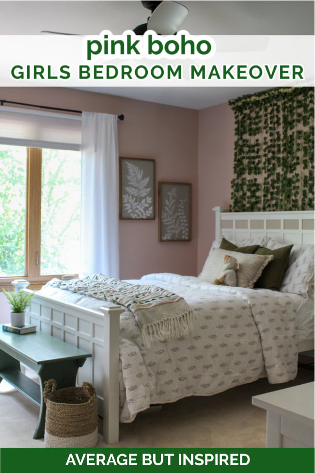 This girls bedroom makeover features Benjamin Moore Odessa Pink walls, ivy wall decor, plants, and more.