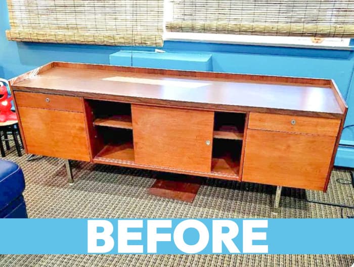 BEFORE: This mid-century modern furniture had faded wood and was filthy.