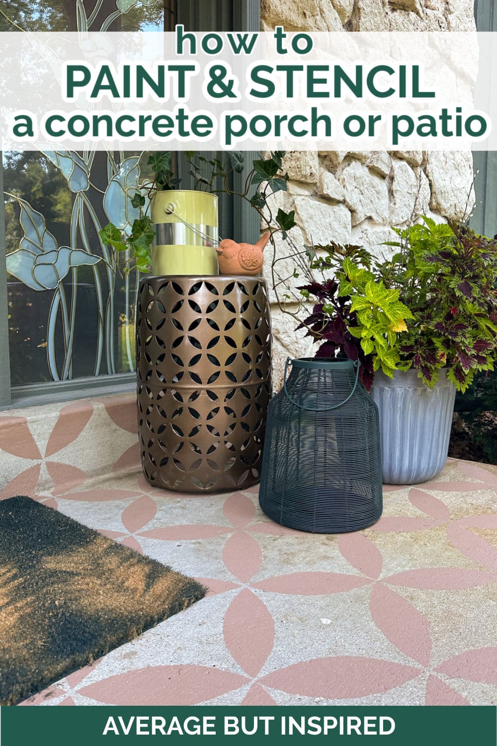 Learn how to paint concrete or stain concrete and use a stencil to create a beautiful concrete porch or concrete patio. This boho front porch got a fresh makeover with concrete stencil.