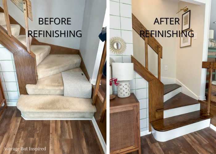 A dated carpeted staircase got a makeover with carpet removal and refinished stairs.