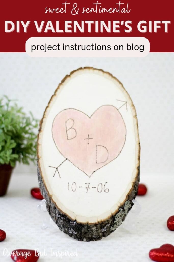 Looking for an adorable idea for a DIY Valentine's Day gift or Valentine's Day decor? Use a wood slice to make a replica of a tree carving with your initials and a special date. This look is made with a wood burning tool and is perfect for all skill levels.