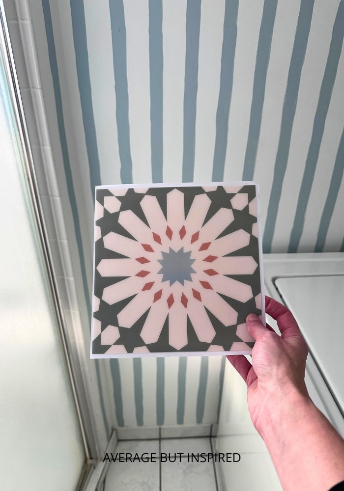 Colorful tile sticker decals go right over floor tile to create a pretty bathroom floor.