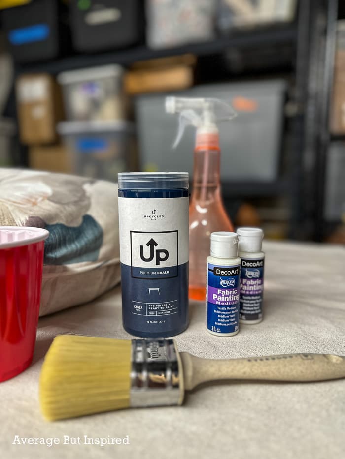 Fabric painting supplies for painting fabric seat cushions.